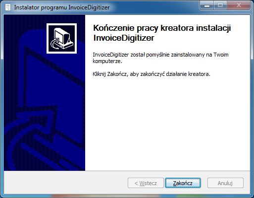 Okno zakończenia instalacji InvoiceDigitizer Arhat