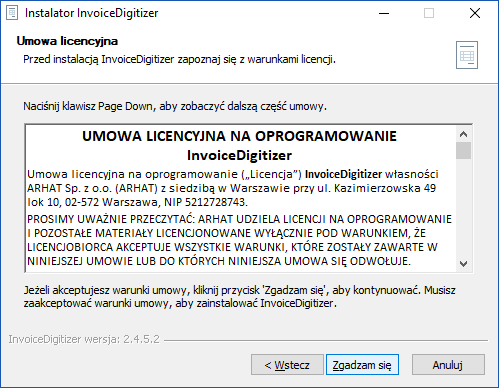 Okno licencji invoiceDigitizer Arhat