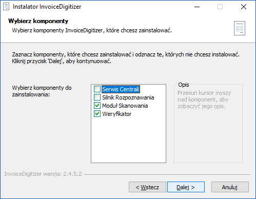 Okno komponentów InvoiceDigitizer Arhat