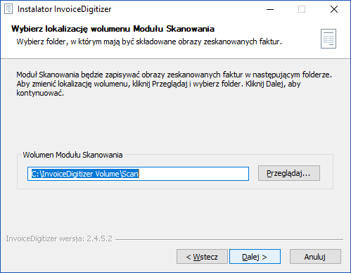 Okno wolumenu modułu skanowania InvoiceDigitizer Arhat