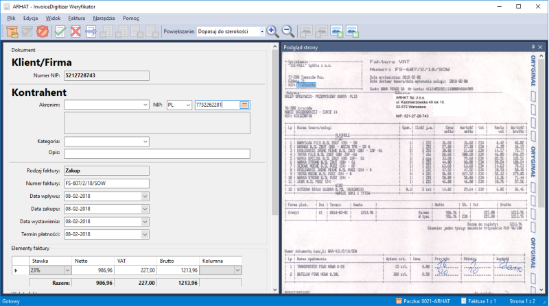 Weryfikatror InvoiceDigitizer Arhat
