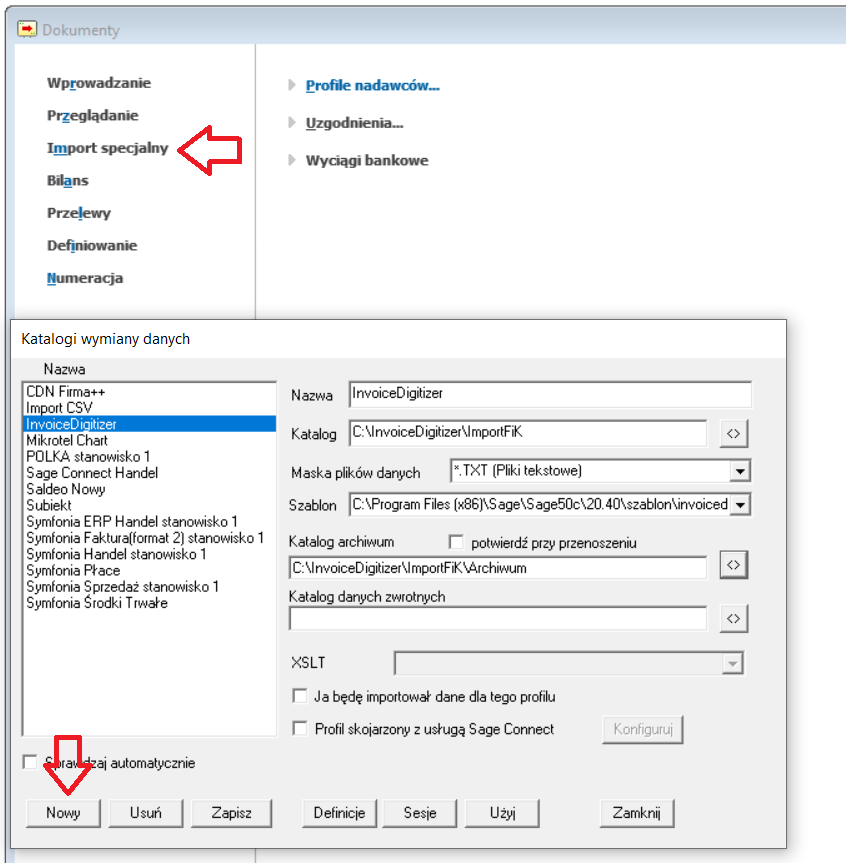 Sage Finanse i Księgowość InvoiceDigitizer Arhat tworzenie profilu nadawcy
