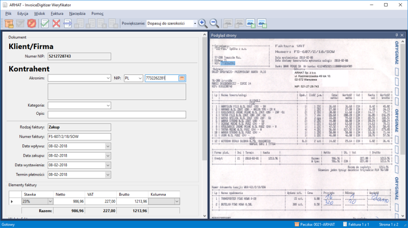 Weryfikatror InvoiceDigitizer Arhat