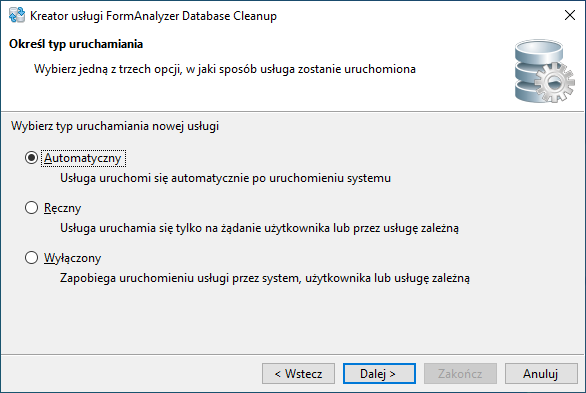 Określenie typu uruchamiania usługi w kreatorze usługi FormAnalyzer Database Cleanup