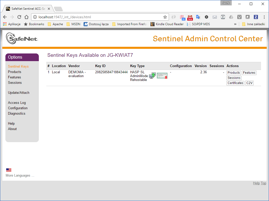 Przykładowa strona przeglądu licencji safenet sentinel Admin control center