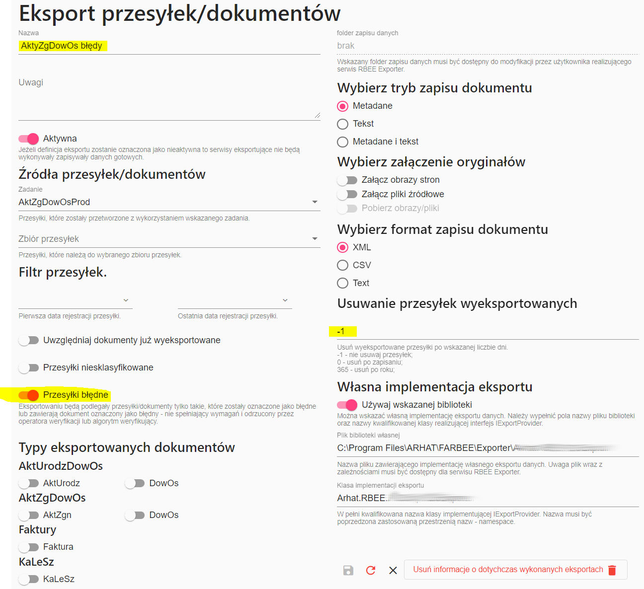 FormAnalyzer RBEE eksport definicja dla dokumentów błędnych