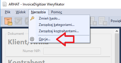 weryfikator menu opcje InvoiceDigitizer Arhat