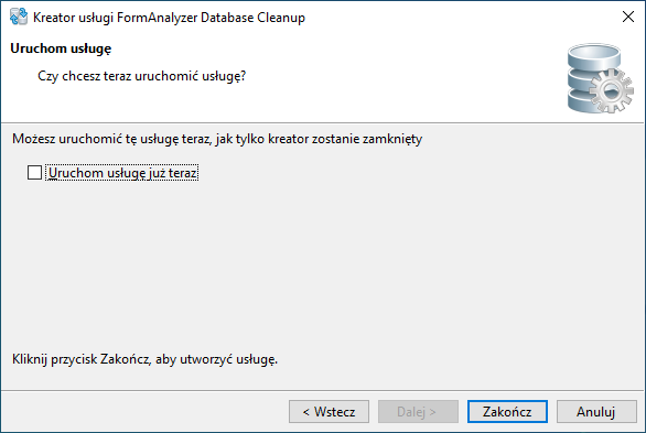 rejestracja i uruchomienie usługi w kreatorze usługi FormAnalyzer Database Cleanup